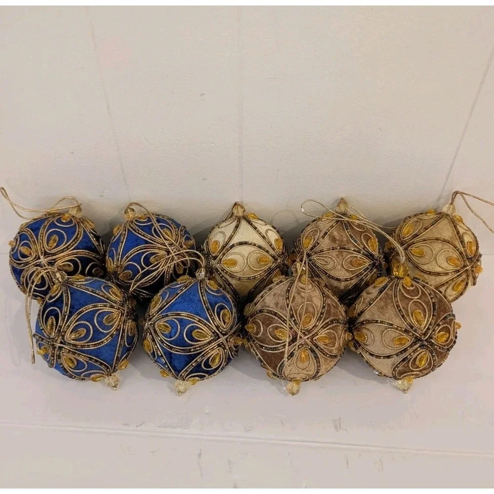 Lot 9 Blue Gold Velvet PUSH PIN Christmas Ornaments Beaded Trim MCM Vintage